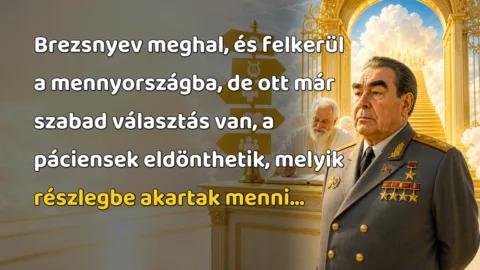 Brezsnyev meghal, és felkerül a mennyországba, de ott már szabad választás van, a páciensek eldönthetik, melyik részlegbe akartak menni...