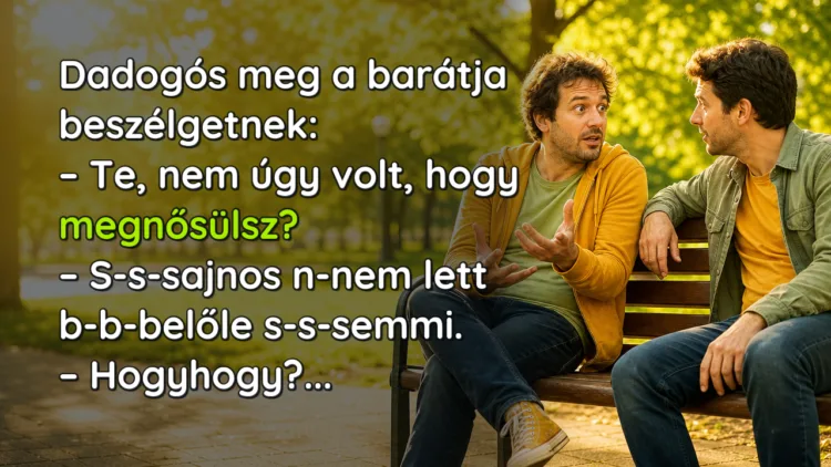 Vicc: Dadogós meg a barátja beszélgetnek... Dadogós meg a barátja beszélgetnek: – Te, nem úgy volt, hogy megnősülsz? – S-s-sajnos n-nem lett b-b-belőle s-s-semmi. – Hogyhogy?...