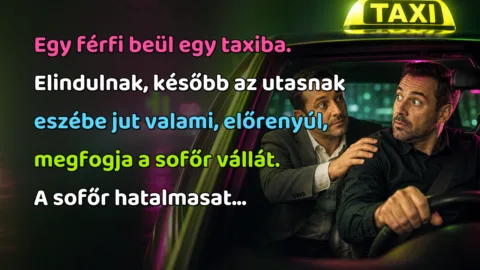 Egy férfi beül egy taxiba. Elindulnak, később az utasnak eszébe jut valami, előrenyúl, megfogja a sofőr vállát. A sofőr hatalmasat...
