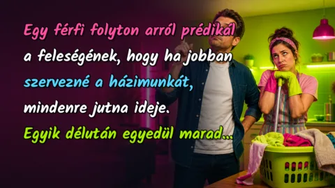 Egy férfi folyton arról prédikál a feleségének, hogy ha jobban szervezné a házimunkát, mindenre jutna ideje. Egyik délután egyedül marad...