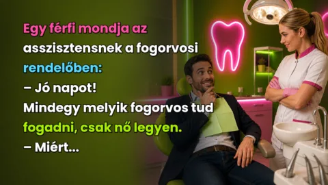 Egy férfi mondja az asszisztensnek a fogorvosi rendelőben: – Jó napot! Mindegy melyik fogorvos tud fogadni, csak nő legyen. – Miért...