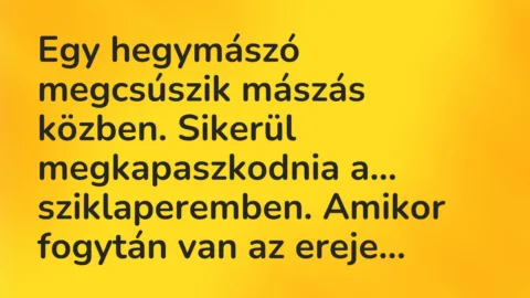 Vicc: Egy hegymászó megcsúszik mászás közben. Sikerül megkapaszkodnia… Vicc: Egy hegymászó megcsúszik mászás közben. Sikerül megkapaszkodnia…