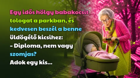 Egy idős hölgy babakocsit tologat a parkban, és kedvesen beszél a benne üldögélő kicsihez: – Diploma, nem vagy szomjas? Adok egy kis...