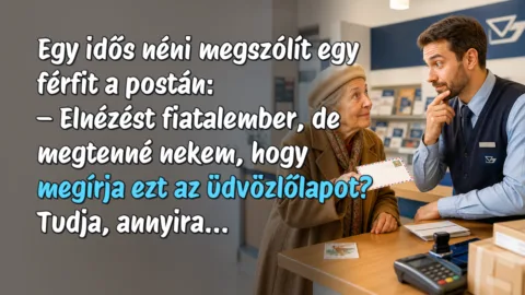 Egy idős néni megszólít egy férfit a postán: – Elnézést fiatalember, de megtenné nekem, hogy megírja ezt az üdvözlőlapot? Tudja, annyira...