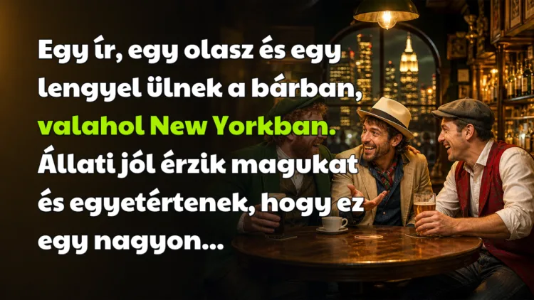 Vicc: Egy ír, egy olasz és egy lengyel ülnek a bárban, valahol New Yorkban... Egy ír, egy olasz és egy lengyel ülnek a bárban, valahol New Yorkban. Állati jól érzik magukat és egyetértenek, hogy ez egy nagyon...