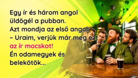 Vicc: Egy ír és három angol üldögél a pubban. Azt mondja az első angol... Egy ír és három angol üldögél a pubban. Azt mondja az első angol: – Uraim, verjük már meg ezt az ír mocskot! Én odamegyek és belekötök...