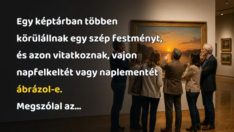 Vicc: Egy képtárban többen körülállnak egy szép festményt, és azon... Egy képtárban többen körülállnak egy szép festményt, és azon vitatkoznak, vajon napfelkeltét vagy naplementét ábrázol-e. Megszólal az...