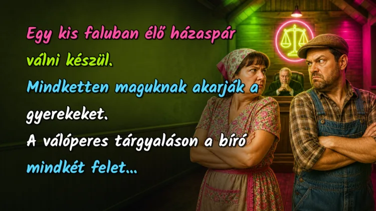 Vicc: Egy kis faluban élő házaspár válni készül. Mindketten maguknak akarják... Egy kis faluban élő házaspár válni készül. Mindketten maguknak akarják a gyerekeket. A válóperes tárgyaláson a bíró mindkét felet...