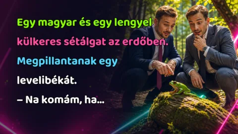 Vicc: Egy magyar és egy lengyel külkeres sétálgat az erdőben... Egy magyar és egy lengyel külkeres sétálgat az erdőben. Megpillantanak egy levelibékát. – Na komám, ha...