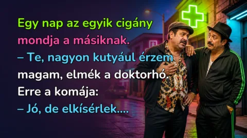 Egy nap az egyik cigány mondja a másiknak. – Te, nagyon kutyául érzem magam, elmék a doktorhó. Erre a komája: – Jó, de elkísérlek....