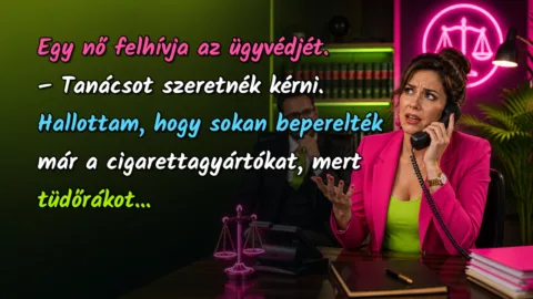 Egy nő felhívja az ügyvédjét. – Tanácsot szeretnék kérni. Hallottam, hogy sokan beperelték már a cigarettagyártókat, mert tüdőrákot...