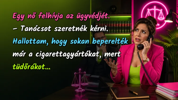 Vicc: Egy nő felhívja az ügyvédjét... Egy nő felhívja az ügyvédjét. – Tanácsot szeretnék kérni. Hallottam, hogy sokan beperelték már a cigarettagyártókat, mert tüdőrákot...