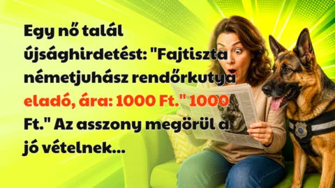 Egy nő talál újsághirdetést: "Fajtiszta németjuhász rendőrkutya eladó, ára: 1000 Ft." 1000 Ft." Az asszony megörül a jó vételnek...