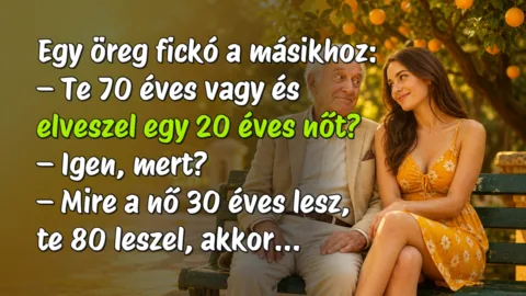 Egy öreg fickó a másikhoz: – Te 70 éves vagy és elveszel egy 20 éves nőt? – Igen, mert? – Mire a nő 30 éves lesz, te 80 leszel, akkor...