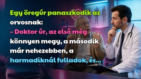 Egy öregúr panaszkodik az orvosnak: – Doktor úr, az első még könnyen megy, a második már nehezebben, a harmadiknál fulladok, és...