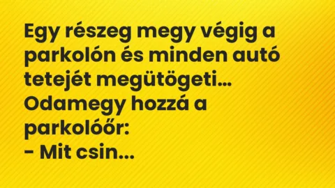 Vicc: Egy részeg megy végig a parkolón és minden autó tetejét megütögeti…