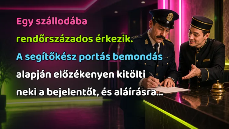 Vicc: Egy szállodába rendőrszázados érkezik. A segítőkész portás bemondás... Egy szállodába rendőrszázados érkezik. A segítőkész portás bemondás alapján előzékenyen kitölti neki a bejelentőt, és aláírásra...
