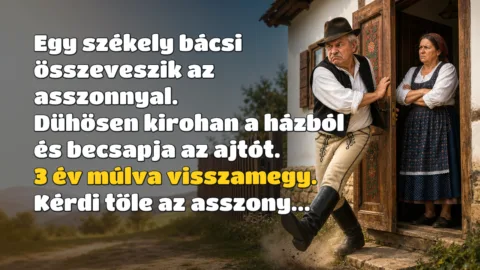 Egy székely bácsi összeveszik az asszonnyal. Dühösen kirohan a házból és becsapja az ajtót. 3 év múlva visszamegy. Kérdi tőle az asszony...