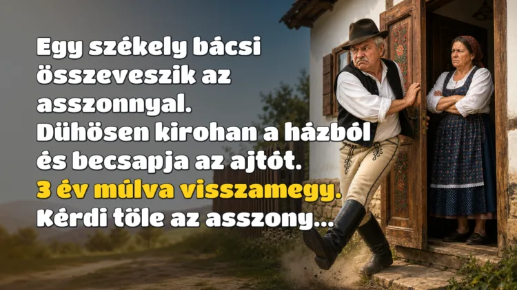 Vicc: Egy székely bácsi összeveszik az asszonnyal. Dühösen kirohan a házból... Egy székely bácsi összeveszik az asszonnyal. Dühösen kirohan a házból és becsapja az ajtót. 3 év múlva visszamegy. Kérdi tőle az asszony...