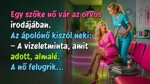 Vicc: Egy szőke nő vár az orvos irodájában. Az ápolónő kiszól neki... Egy szőke nő vár az orvos irodájában. Az ápolónő kiszól neki: – A vizeletminta, amit adott, almalé. A nő felugrik...