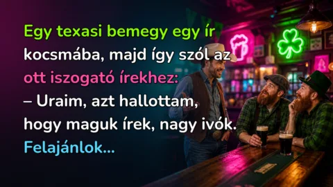 Egy texasi bemegy egy ír kocsmába, majd így szól az ott iszogató írekhez: – Uraim, azt hallottam, hogy maguk írek, nagy ivók. Felajánlok...
