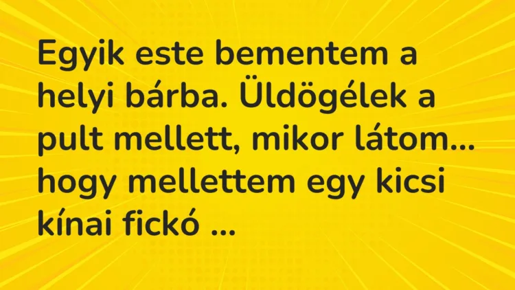 Vicc: Egyik este bementem a helyi bárba. Üldögélek a pult mellett, mikor… Vicc: Egyik este bementem a helyi bárba. Üldögélek a pult mellett, mikor…