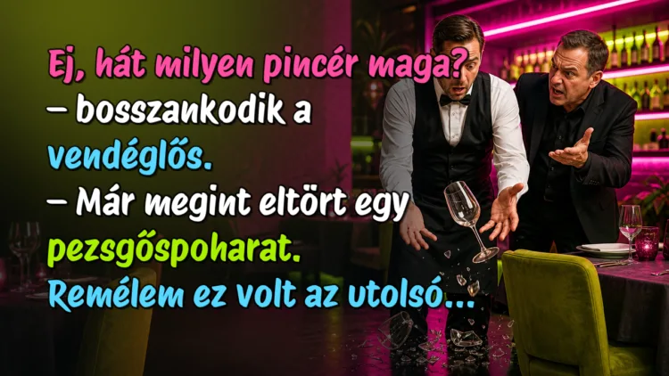 Vicc: Ej, hát milyen pincér maga? - bosszankodik a vendéglős... Ej, hát milyen pincér maga? – bosszankodik a vendéglős. – Már megint eltört egy pezsgőspoharat. Remélem ez volt az utolsó...