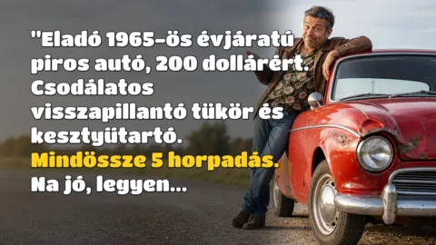 "Eladó 1965-ös évjáratú piros autó, 200 dollárért. Csodálatos visszapillantó tükör és kesztyűtartó. Mindössze 5 horpadás. Na jó, legyen...