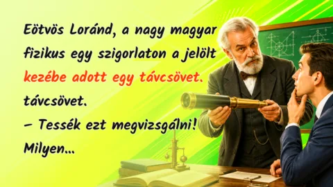 Eötvös Loránd, a nagy magyar fizikus egy szigorlaton a jelölt kezébe adott egy távcsövet. távcsövet. – Tessék ezt megvizsgálni! Milyen...