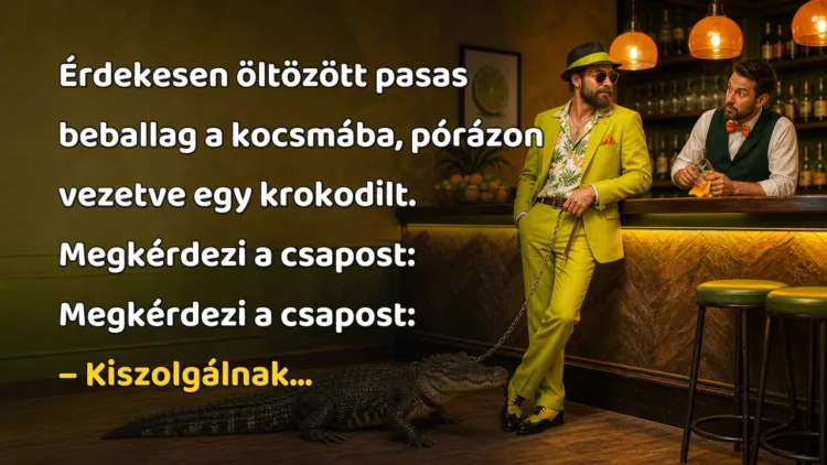 Vicc: Érdekesen öltözött pasas beballag a kocsmába, pórázon vezetve... Érdekesen öltözött pasas beballag a kocsmába, pórázon vezetve egy krokodilt. Megkérdezi a csapost: Megkérdezi a csapost: – Kiszolgálnak...