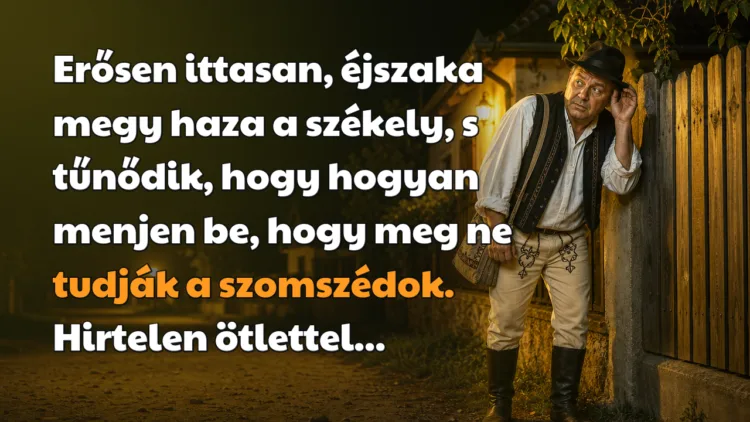 Vicc: Erősen ittasan, éjszaka megy haza a székely, s tűnődik... Erősen ittasan, éjszaka megy haza a székely, s tűnődik, hogy hogyan menjen be, hogy meg ne tudják a szomszédok. Hirtelen ötlettel...