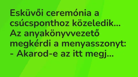 Vicc: Esküvői ceremónia a csúcsponthoz közeledik. Az anyakönyvvezető megkérdi…