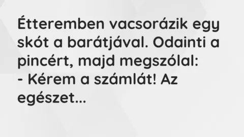 Vicc: Étteremben vacsorázik egy skót a barátjával. Odainti a pincért…