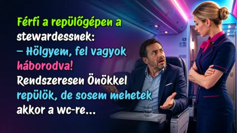 Férfi a repülőgépen a stewardessnek: – Hölgyem, fel vagyok háborodva! Rendszeresen Önökkel repülök, de sosem mehetek akkor a wc-re...