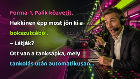 Forma-1, Palik közvetít. Hakkinen épp most jön ki a bokszutcából. – Látják? Ott van a tanksapka, mely tankolás után automatikusan...