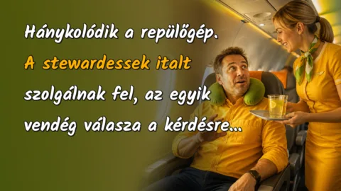 Vicc: Hánykolódik a repülőgép. A stewardessek italt szolgálnak fel... Hánykolódik a repülőgép. A stewardessek italt szolgálnak fel, az egyik vendég válasza a kérdésre...