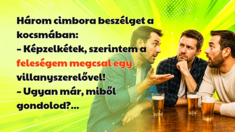 Három cimbora beszélget a kocsmában: – Képzelkétek, szerintem a feleségem megcsal egy villanyszerelővel! – Ugyan már, miből gondolod?...