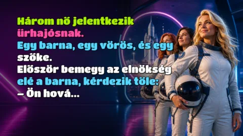Három nő jelentkezik űrhajósnak. Egy barna, egy vörös, és egy szőke. Először bemegy az elnökség elé a barna, kérdezik tőle: – Ön hová...