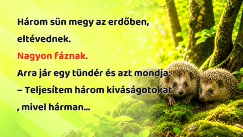 Három sün megy az erdőben, eltévednek. Nagyon fáznak. Arra jár egy tündér és azt mondja: – Teljesítem három kiváságotokat , mivel hárman...