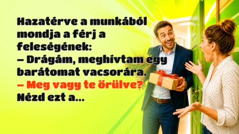 Hazatérve a munkából mondja a férj a feleségének: – Drágám, meghívtam egy barátomat vacsorára. – Meg vagy te őrülve? Nézd ezt a...