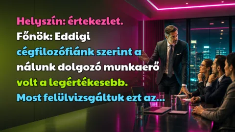 Helyszín: értekezlet. Főnök: Eddigi cégfilozófiánk szerint a nálunk dolgozó munkaerő volt a legértékesebb. Most felülvizsgáltuk ezt az...