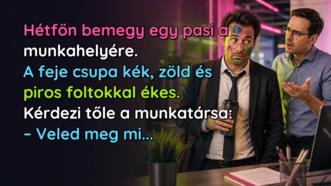 Hétfőn bemegy egy pasi a munkahelyére. A feje csupa kék, zöld és piros foltokkal ékes. Kérdezi tőle a munkatársa: – Veled meg mi...