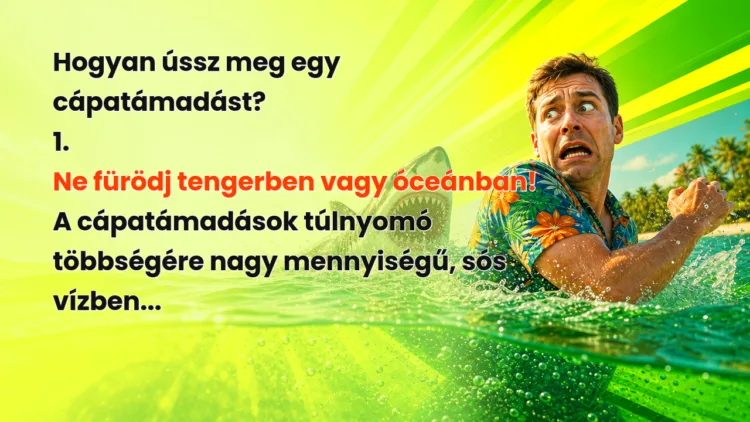 Vicc: Hogyan ússz meg egy cápatámadást? Hogyan ússz meg egy cápatámadást? 1. Ne fürödj tengerben vagy óceánban! A cápatámadások túlnyomó többségére nagy mennyiségű, sós vízben...