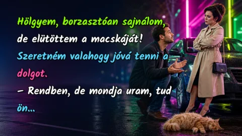 Hölgyem, borzasztóan sajnálom, de elütöttem a macskáját! Szeretném valahogy jóvá tenni a dolgot. – Rendben, de mondja uram, tud ön...