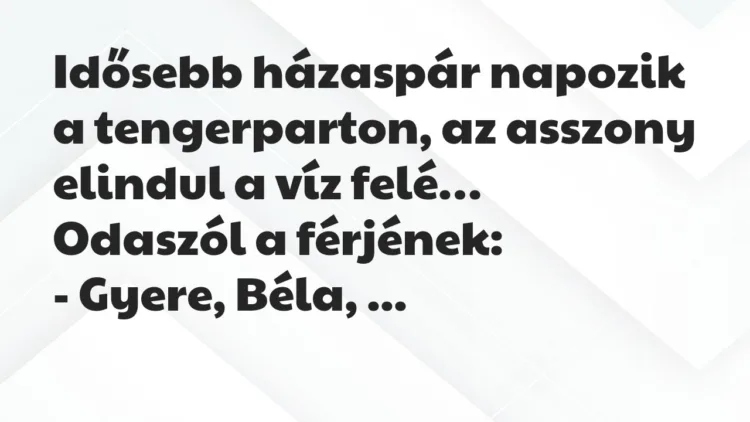Vicc: Idősebb házaspár napozik a tengerparton, az asszony elindul a víz felé… Vicc: Idősebb házaspár napozik a tengerparton, az asszony elindul a víz felé…