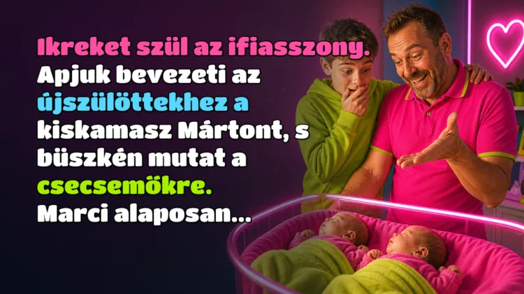 Vicc: Ikreket szül az ifiasszony. Apjuk bevezeti az újszülöttekhez... Ikreket szül az ifiasszony. Apjuk bevezeti az újszülöttekhez a kiskamasz Mártont, s büszkén mutat a csecsemőkre. Marci alaposan...