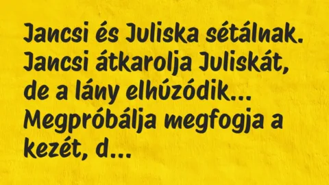 Vicc: Jancsi és Juliska sétálnak. Jancsi átkarolja Juliskát, de a lány…