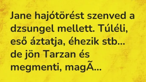 Vicc: Jane hajótörést szenved a dzsungel mellett. Túléli, eső áztatja…