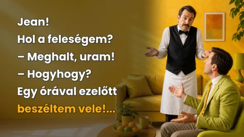 Jean! Hol a feleségem? – Meghalt, uram! – Hogyhogy? Egy órával ezelőtt beszéltem vele!...