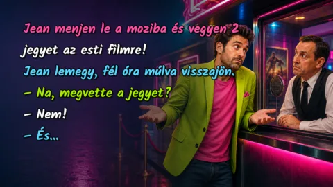 Jean menjen le a moziba és vegyen 2 jegyet az esti filmre! Jean lemegy, fél óra múlva visszajön. – Na, megvette a jegyet? – Nem! – És...